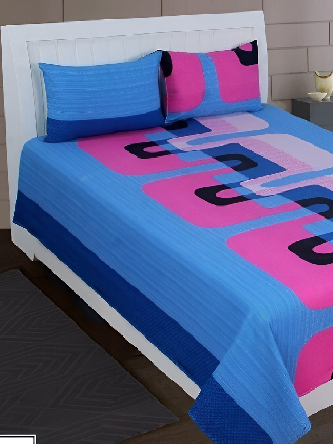 Laying Style Nile Blue Geometric Polycotton 350 TC Queen Fine Bedsheet with 2 Pillow Covers-71 x 77 inches