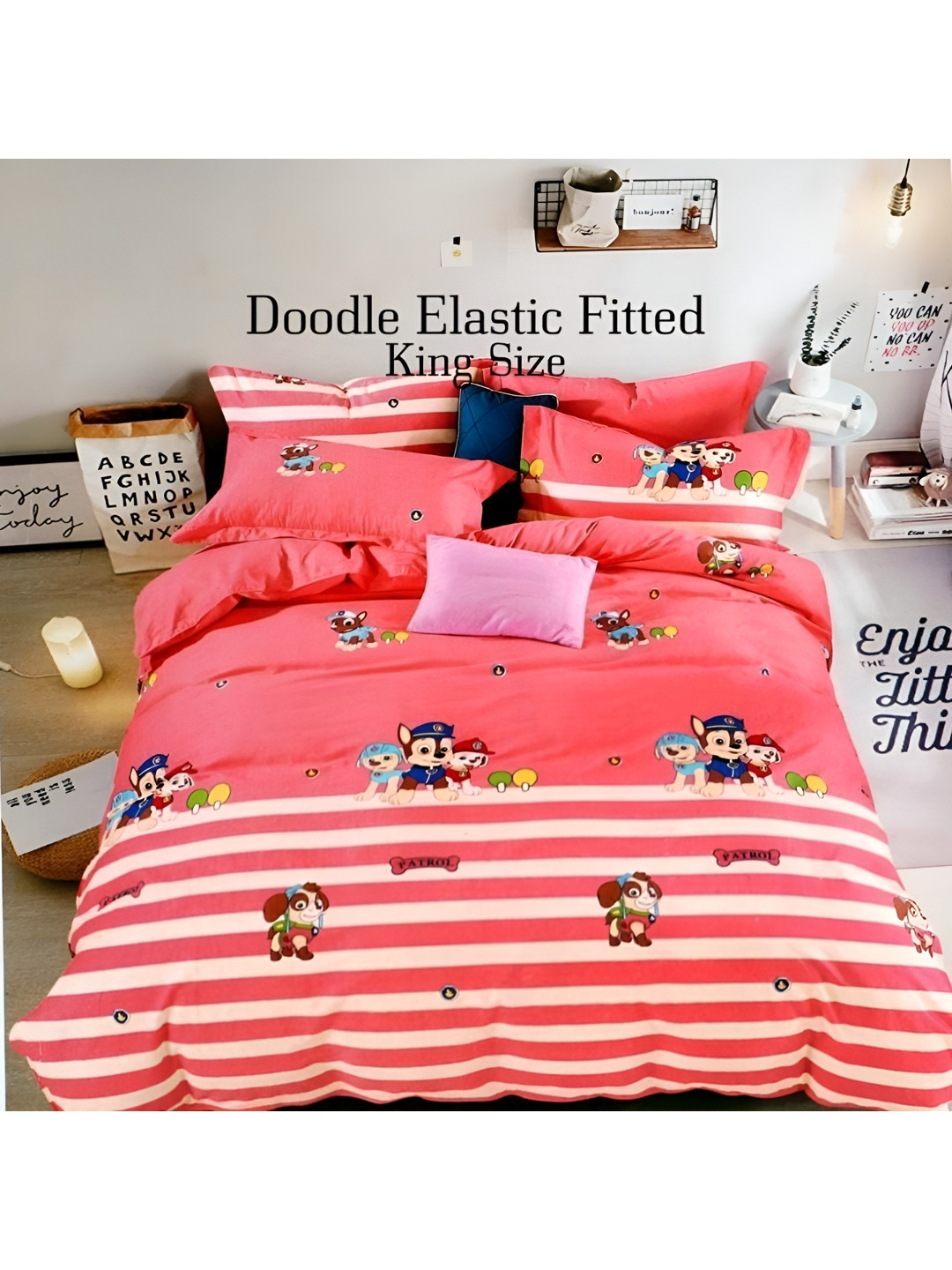 Laying Style Red Graphic Polycotton 350 TC Queen Superfine Bedsheet with 2 Pillow Covers-71 x 77 inches