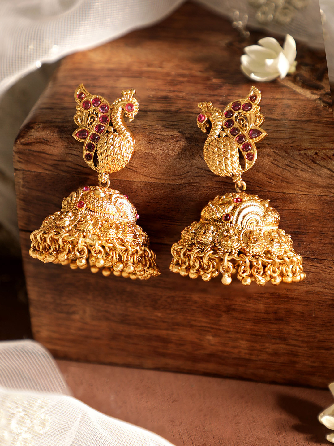 Rubans Divine Feathers 22k Gold-Plated Jhumka Earrings with Peacock Charm