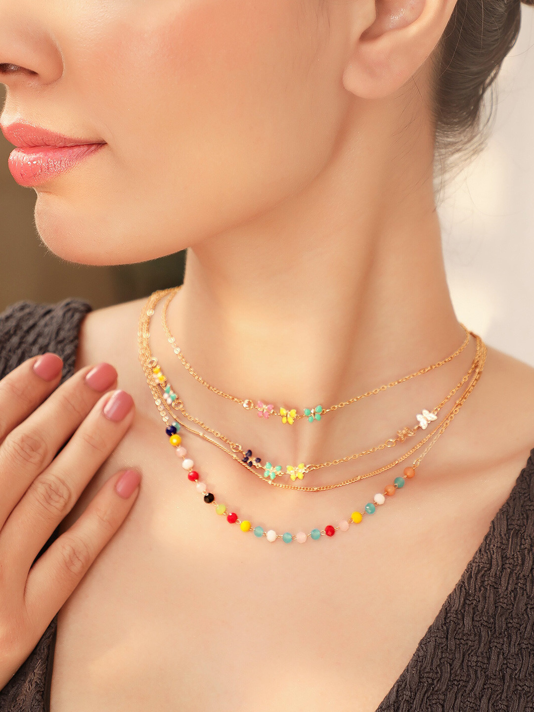 Rubans Voguish 18K Gold Plated Beaded Butterfly Enamel Charm Cuban Link Layered Necklace