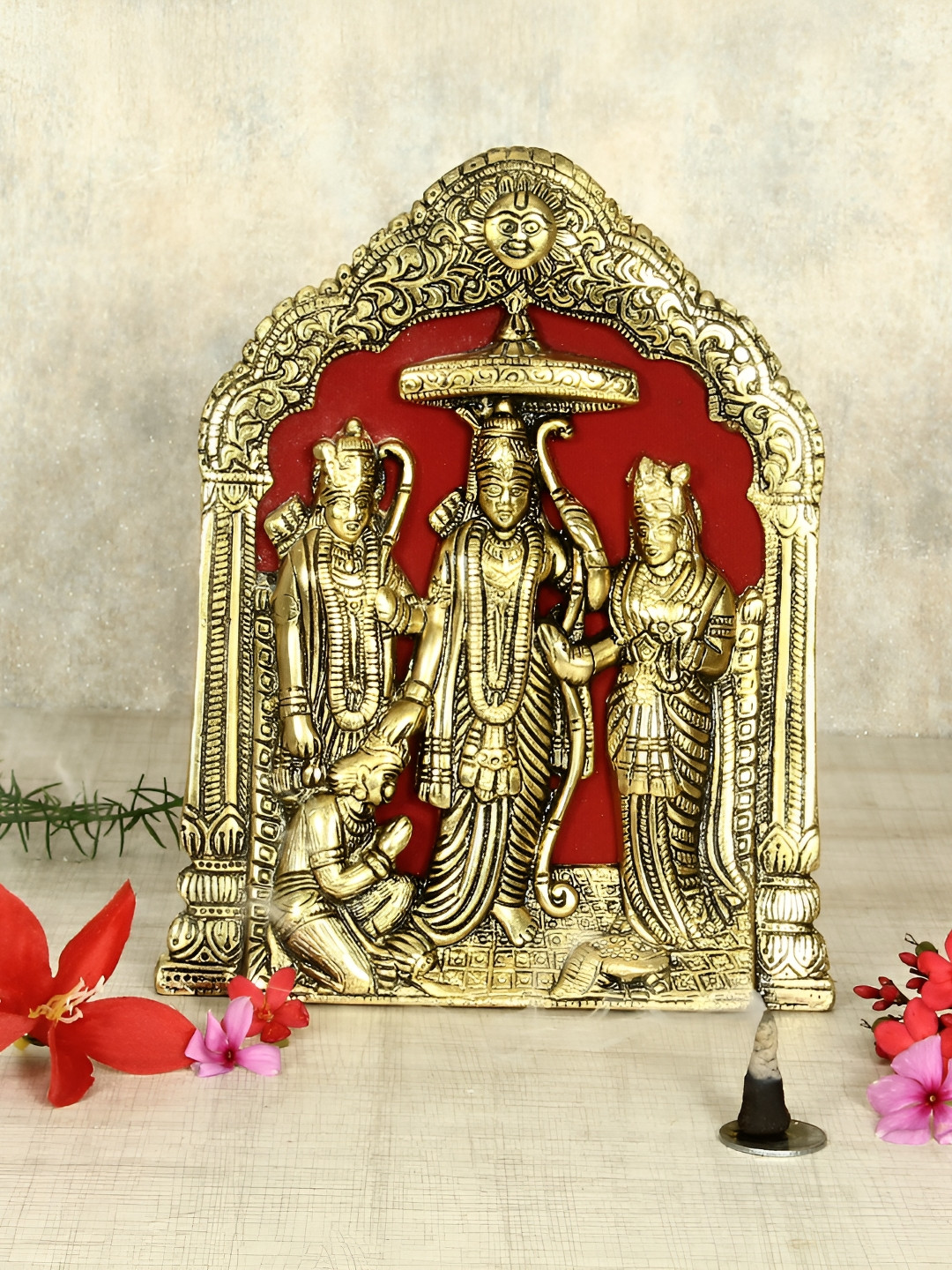 HANDICRAFTS PARADISE Lord Raam, Lord Laxman, Goddess Sita and Lord Hanuman Gold Metal Metallic Prayer Room Small Showpiece - 8.5 Inches