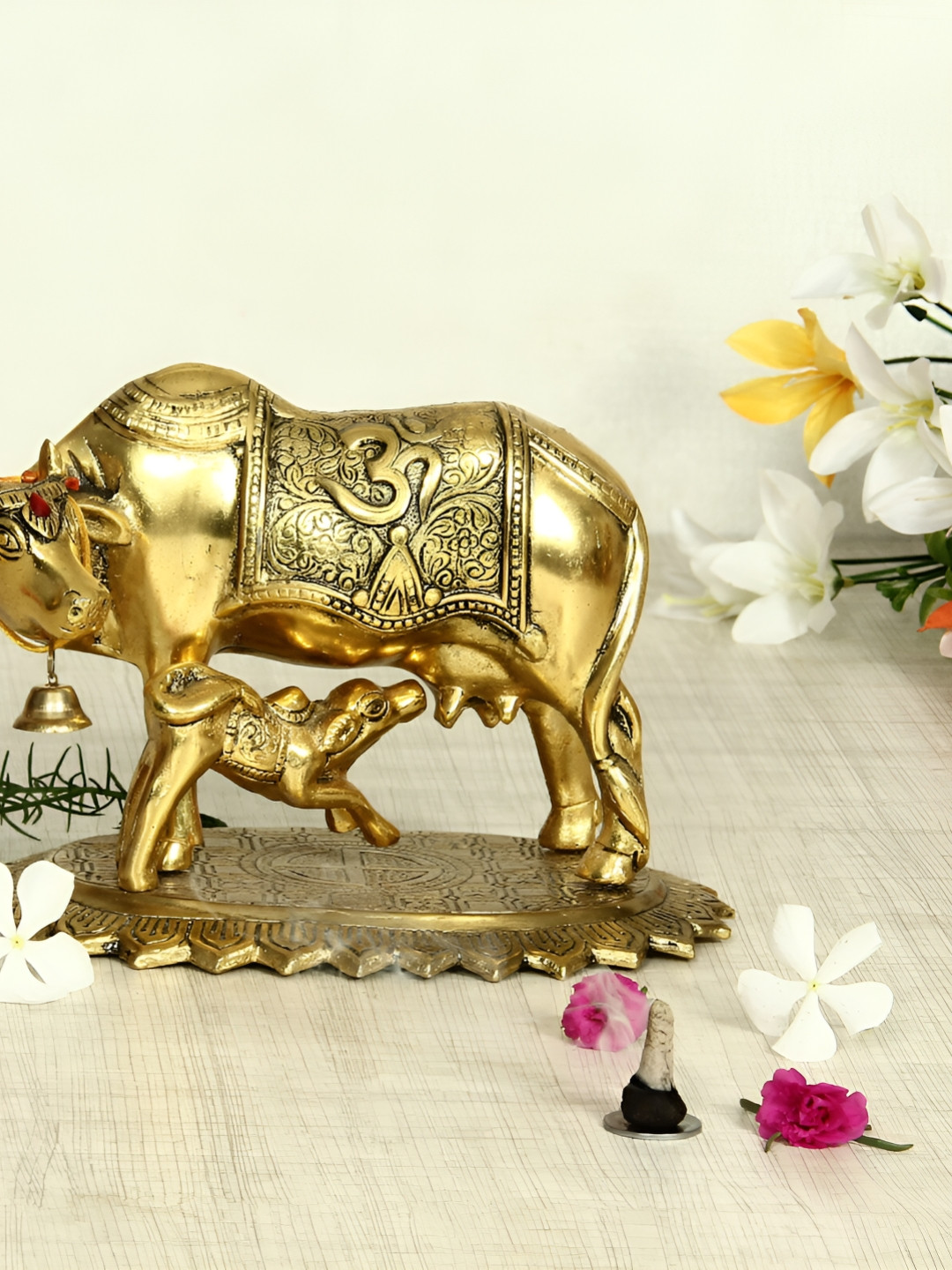 HANDICRAFTS PARADISE Cow Mother and Child Gold Metal Metallic Prayer Room Small Showpiece - 5 Inches