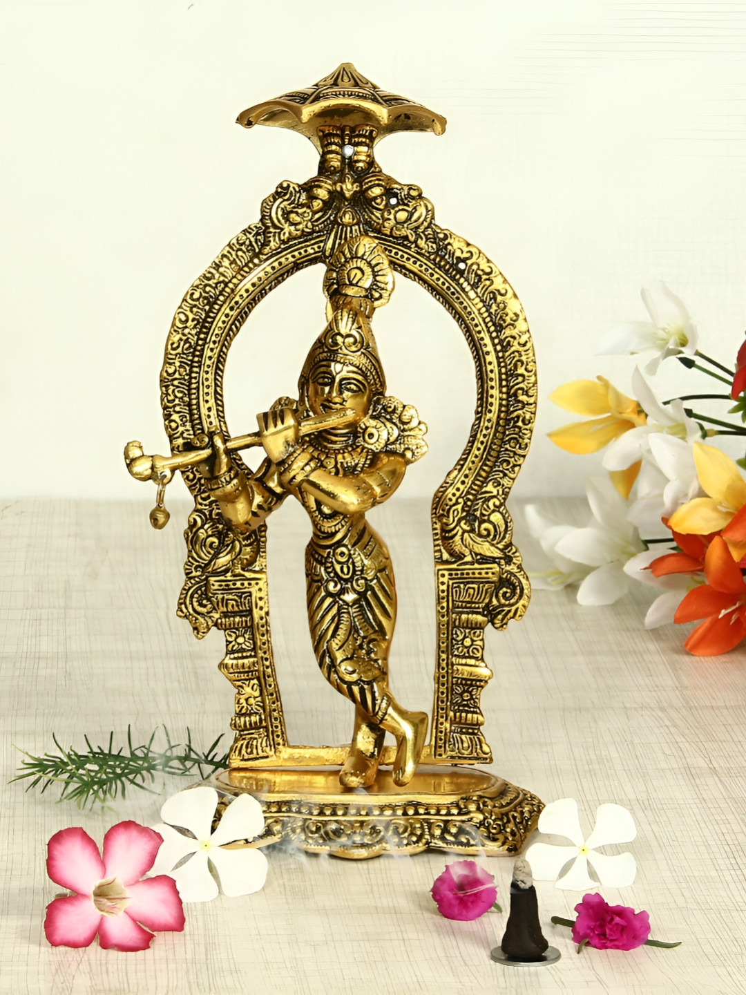 HANDICRAFTS PARADISE Lord Krishna Playing Flute Gold Metal Metallic Prayer Room Small Showpiece - 10 Inches