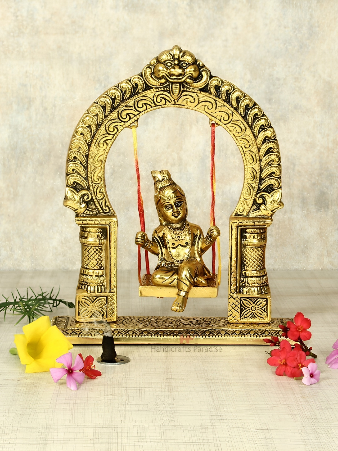 HANDICRAFTS PARADISE Paradis Bal Krishna Jhoola Gold Metal Metallic Prayer Room Small Showpiece - 2.8 Inches
