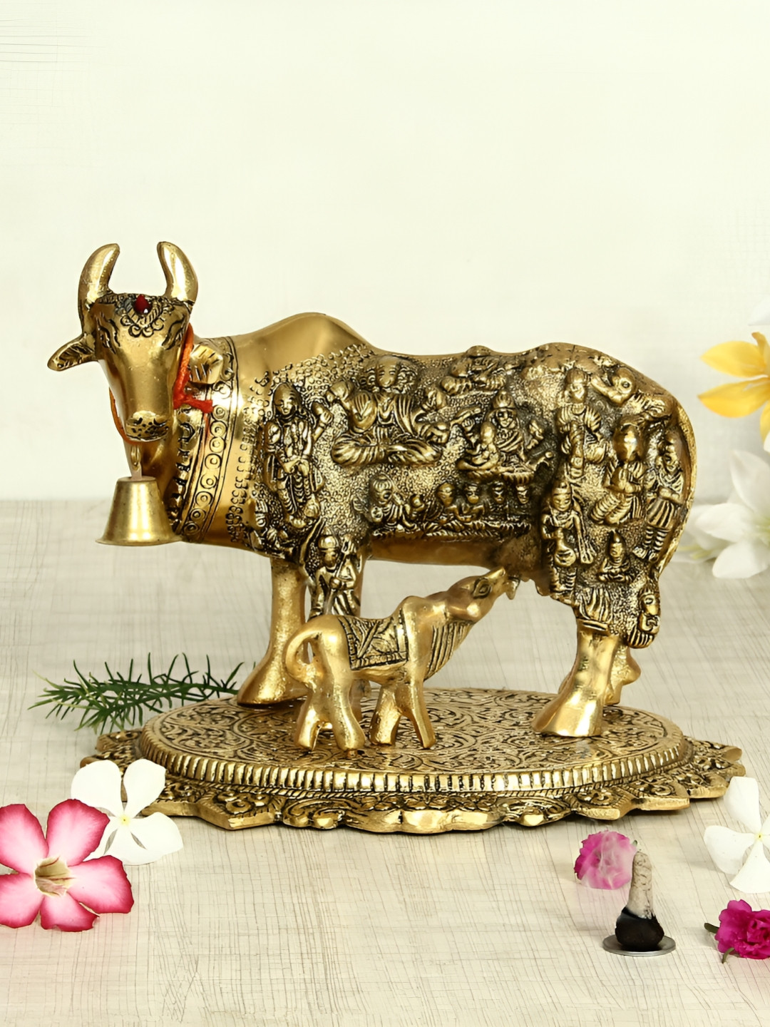 HANDICRAFTS PARADISE Cow Mother and Child Gold Metal Metallic Prayer Room Small Showpiece - 6.5 Inches