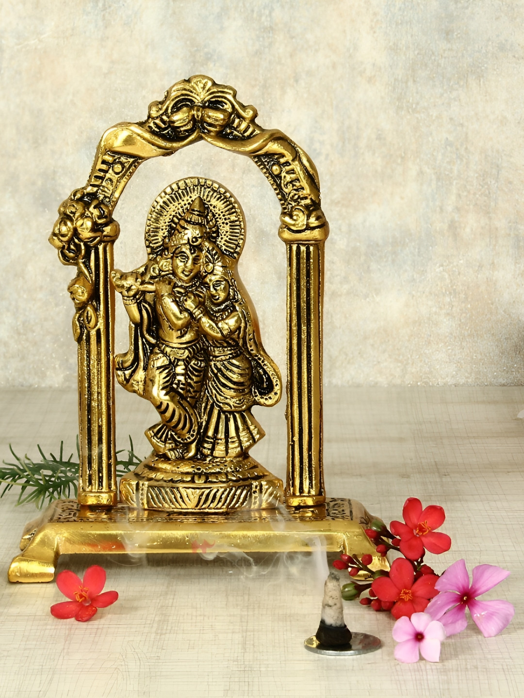 HANDICRAFTS PARADISE Radha Krishna Standing Under Mehrab Gold Metal Metallic Prayer Room Small Showpiece - 2.2 Inches