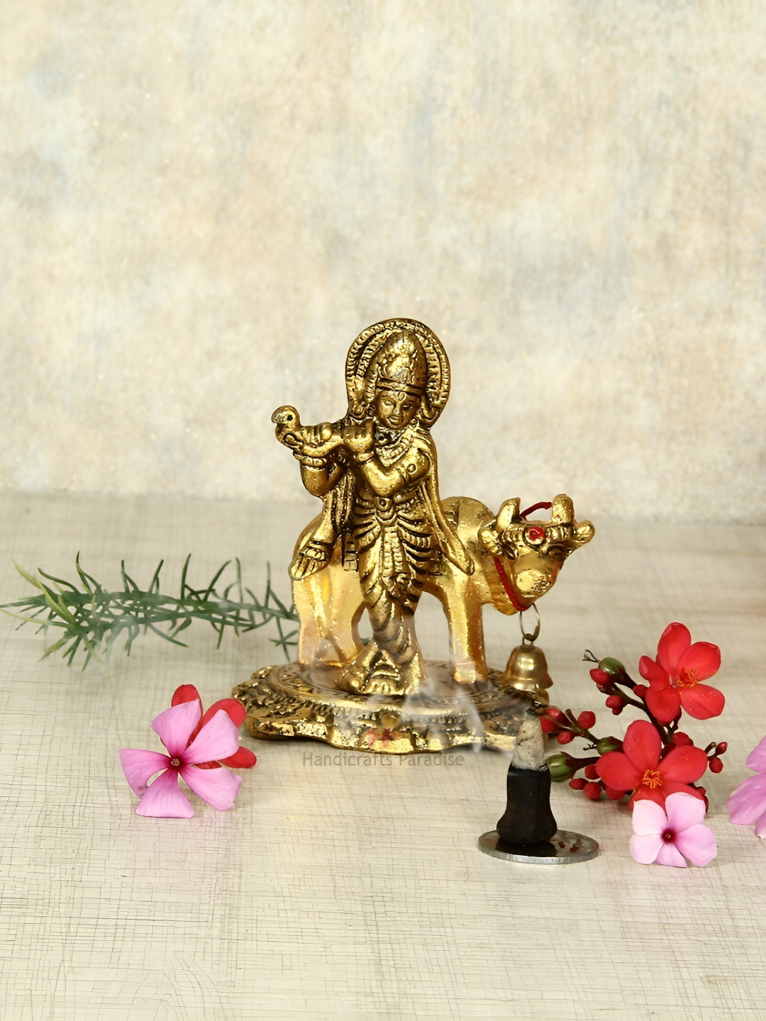 HANDICRAFTS PARADISE Krishna with Cow Gold Metal Metallic Prayer Room Small Showpiece - 2.5 Inches