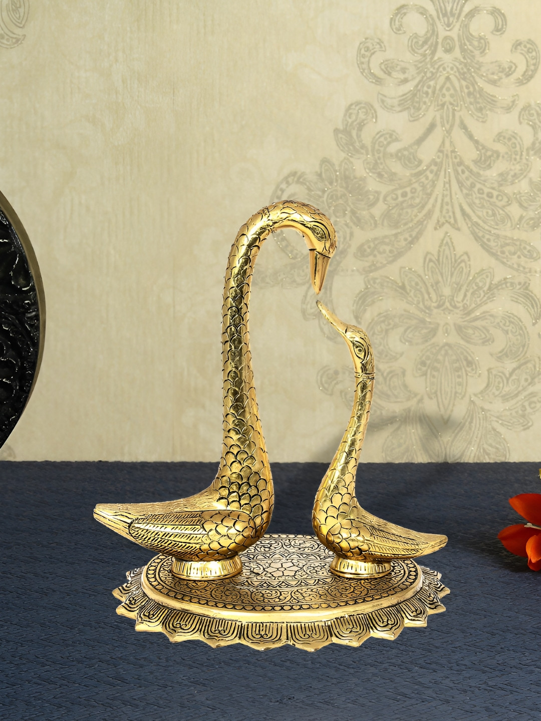 HANDICRAFTS PARADISE Swan Set Gold Metal Metallic Bedroom Medium Showpiece - 13 Inches