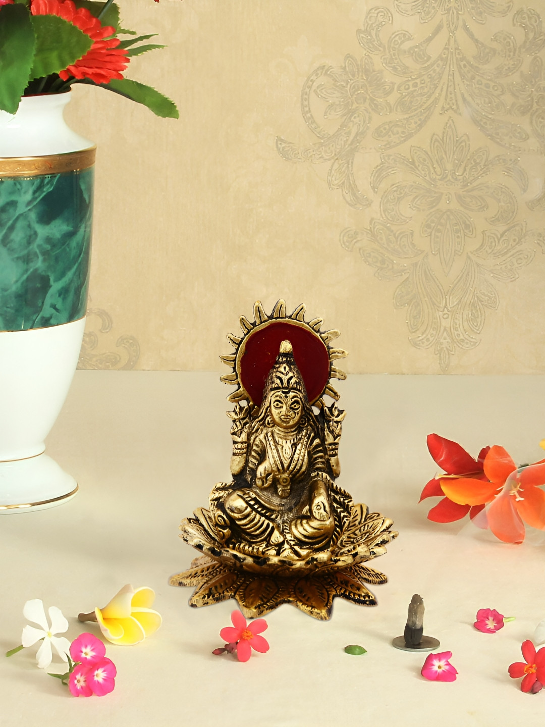 HANDICRAFTS PARADISE Goddess Laxmi Seated On A Flower Gold Metal Metallic Prayer Room Small Showpiece - 3.2 Inches