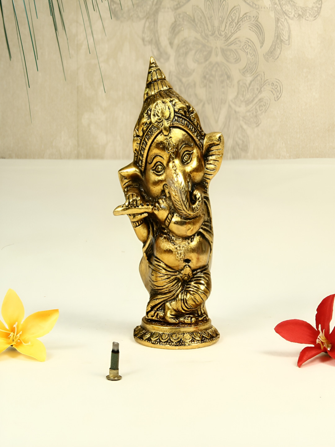 HANDICRAFTS PARADISE Lord Ganesh Dancing with A Flute Gold Metal Metallic Prayer Room Small Showpiece - 6 Inches