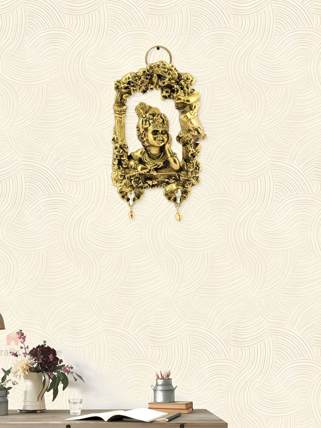 HANDICRAFTS PARADISE Krishna in Mehrab Keyholder Gold Metal Metallic Prayer Room Small Showpiece - 1.5 Inches