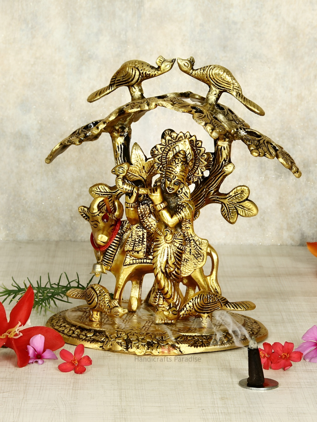 HANDICRAFTS PARADISE Krishna with Cow Under Tree with Peacocks Gold Metal Metallic Prayer Room Small Showpiece - 6 Inches