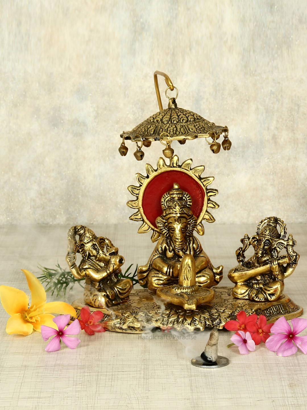 HANDICRAFTS PARADISE Musical Chhatra Ganesh with Shivling Gold Metal Metallic Prayer Room Music Small Showpiece - 3.9 Inches