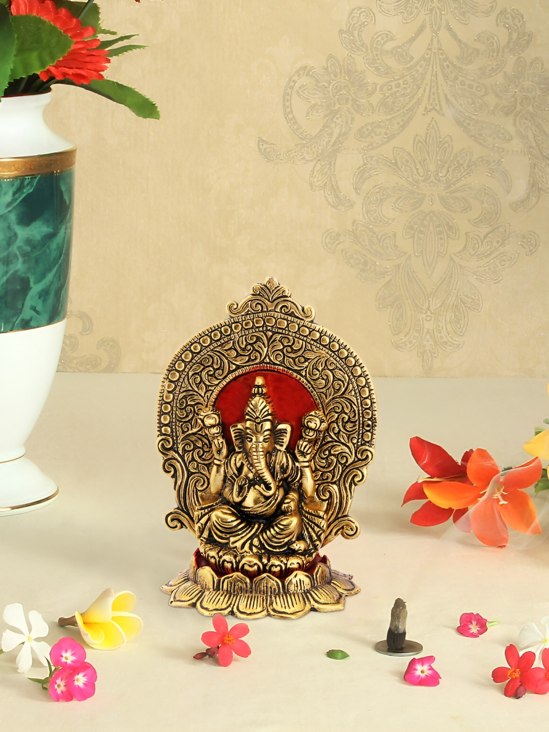 HANDICRAFTS PARADISE Lord Ganesh Seated on His Throne Gold Metal Metallic Prayer Room Small Showpiece - 3.5 Inches