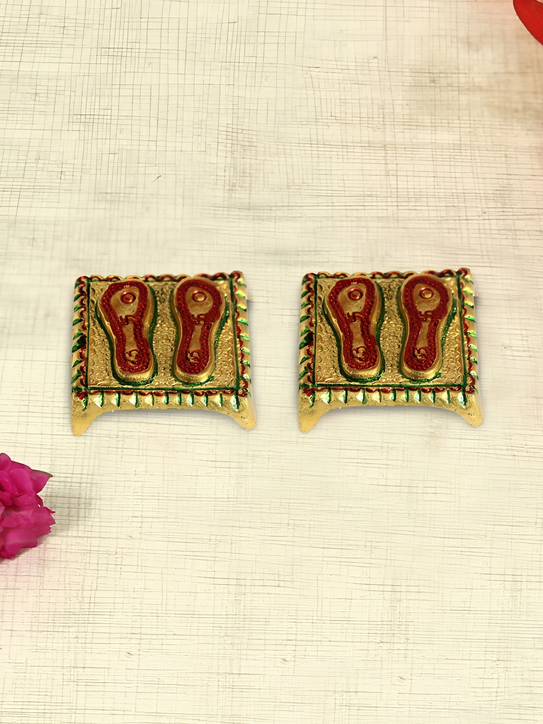 HANDICRAFTS PARADISE Charan Paduka Set on a Base Gold Metal Metallic Prayer Room Set of 2 Small Showpieces - 0.8 Inches