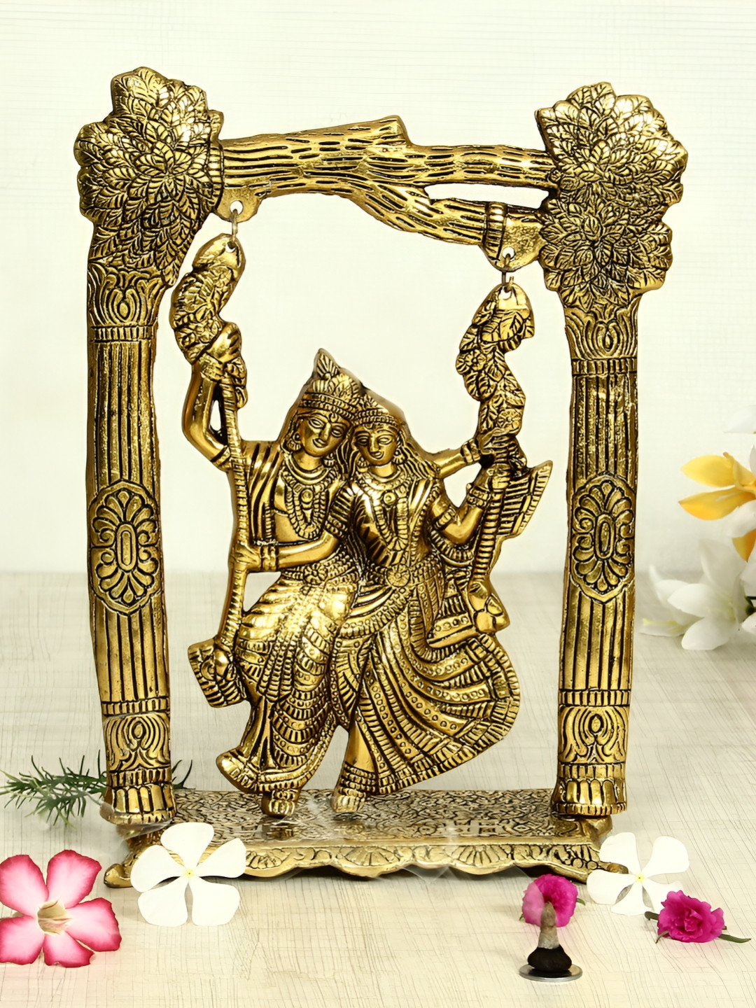 HANDICRAFTS PARADISE Radha Krishna On A Swing Gold Metal Metallic Prayer Room Medium Showpiece - 11.7 Inches