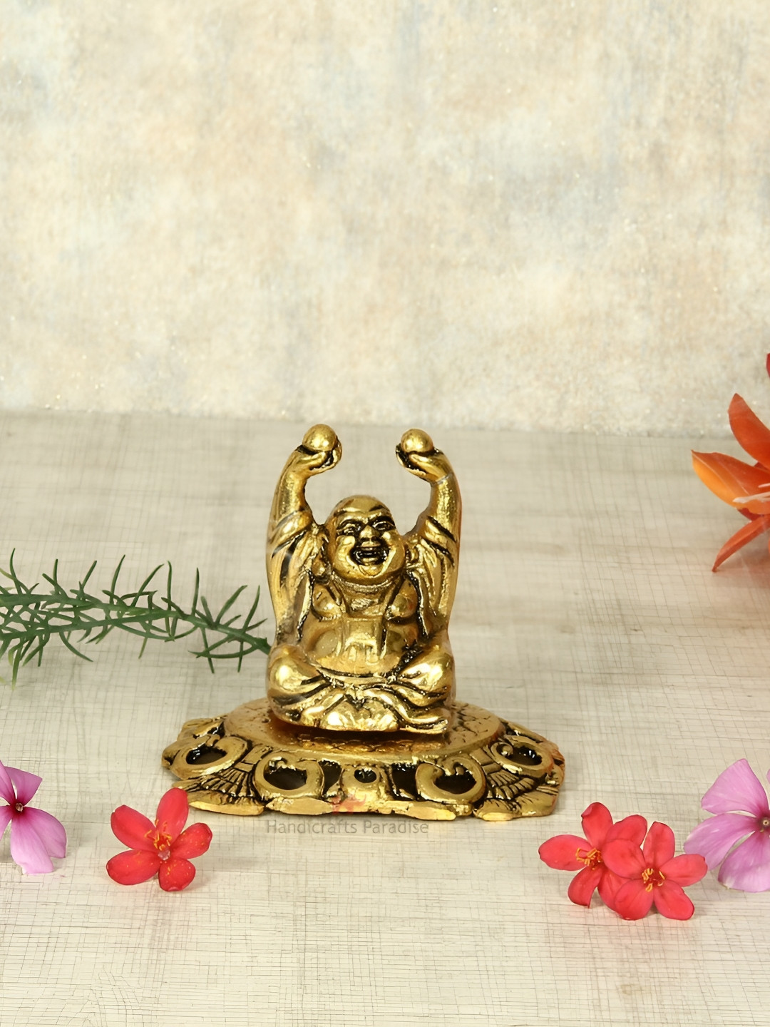 HANDICRAFTS PARADISE Laughing Buddha Gold Metal Metallic Living Room Tiny Showpiece - 3 Inches
