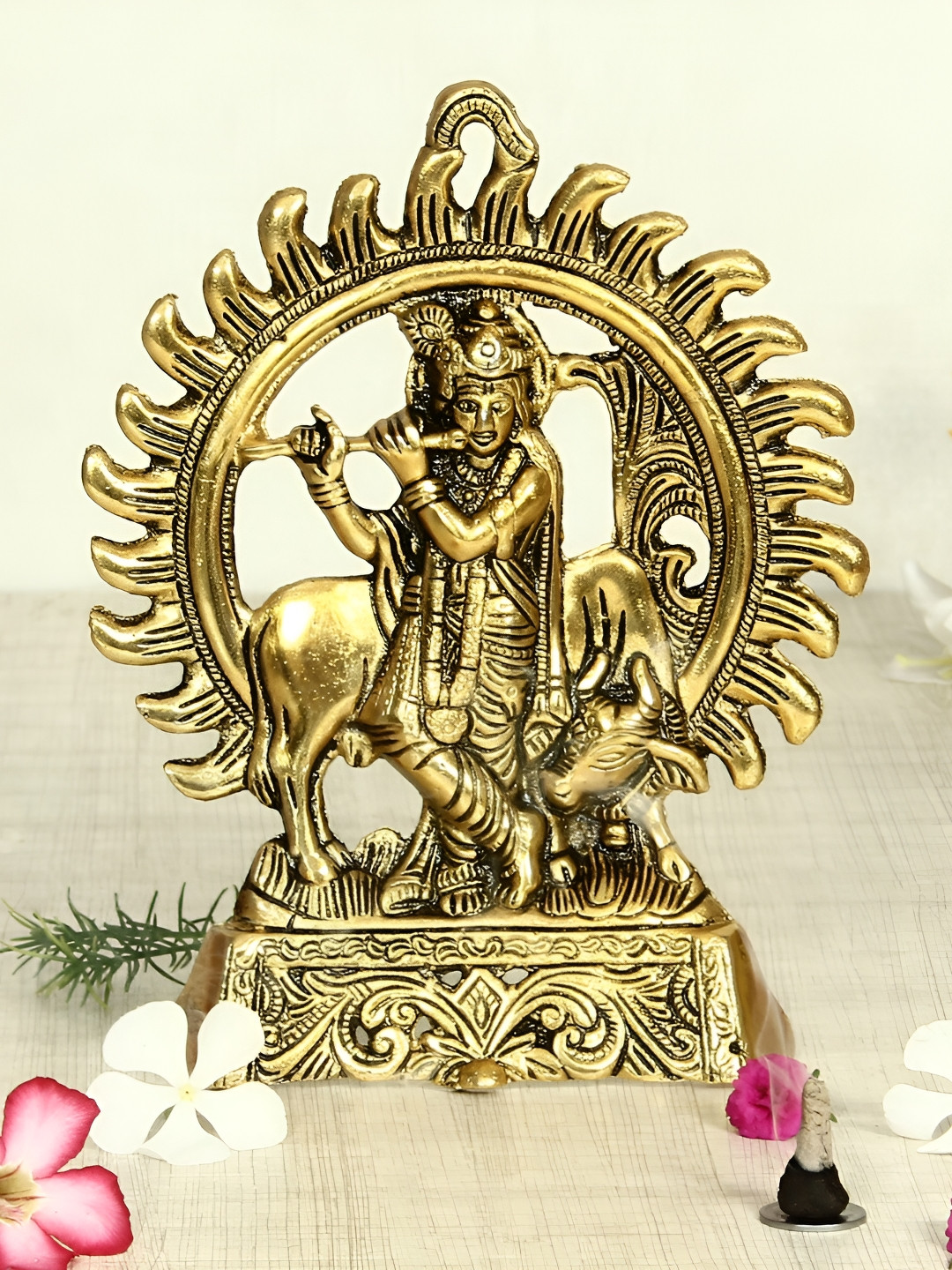 HANDICRAFTS PARADISE Lord Krishna Playing A Flute with Cow Gold Metal Metallic Prayer Room Small Showpiece - 8.5 Inches