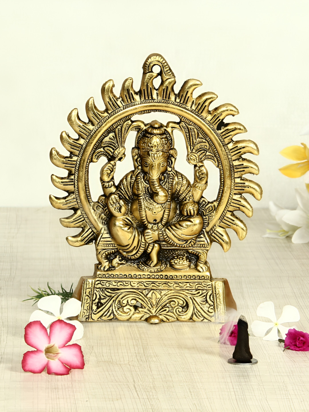 HANDICRAFTS PARADISE Lord Ganesh On A Pedestal Gold Metal Metallic Prayer Room Small Showpiece - 1.2 Inches