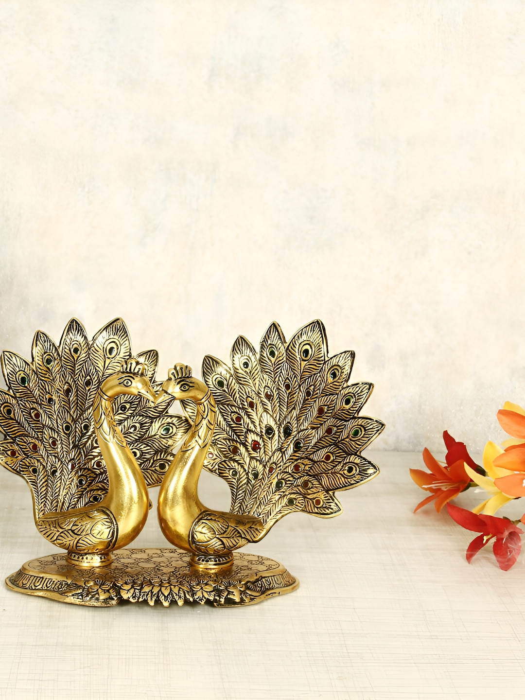 HANDICRAFTS PARADISE Pair Of Peacocks Gold Metal Metallic Prayer Room Small Showpiece - 4 Inches