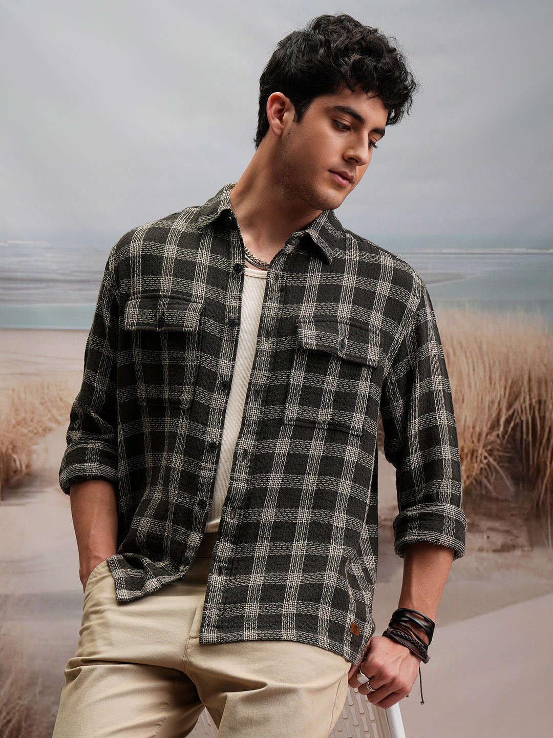 LOCOMOTIVE Premium Heavy Dobby Checked Utility Pocket Cotton Flannel Over Shirt