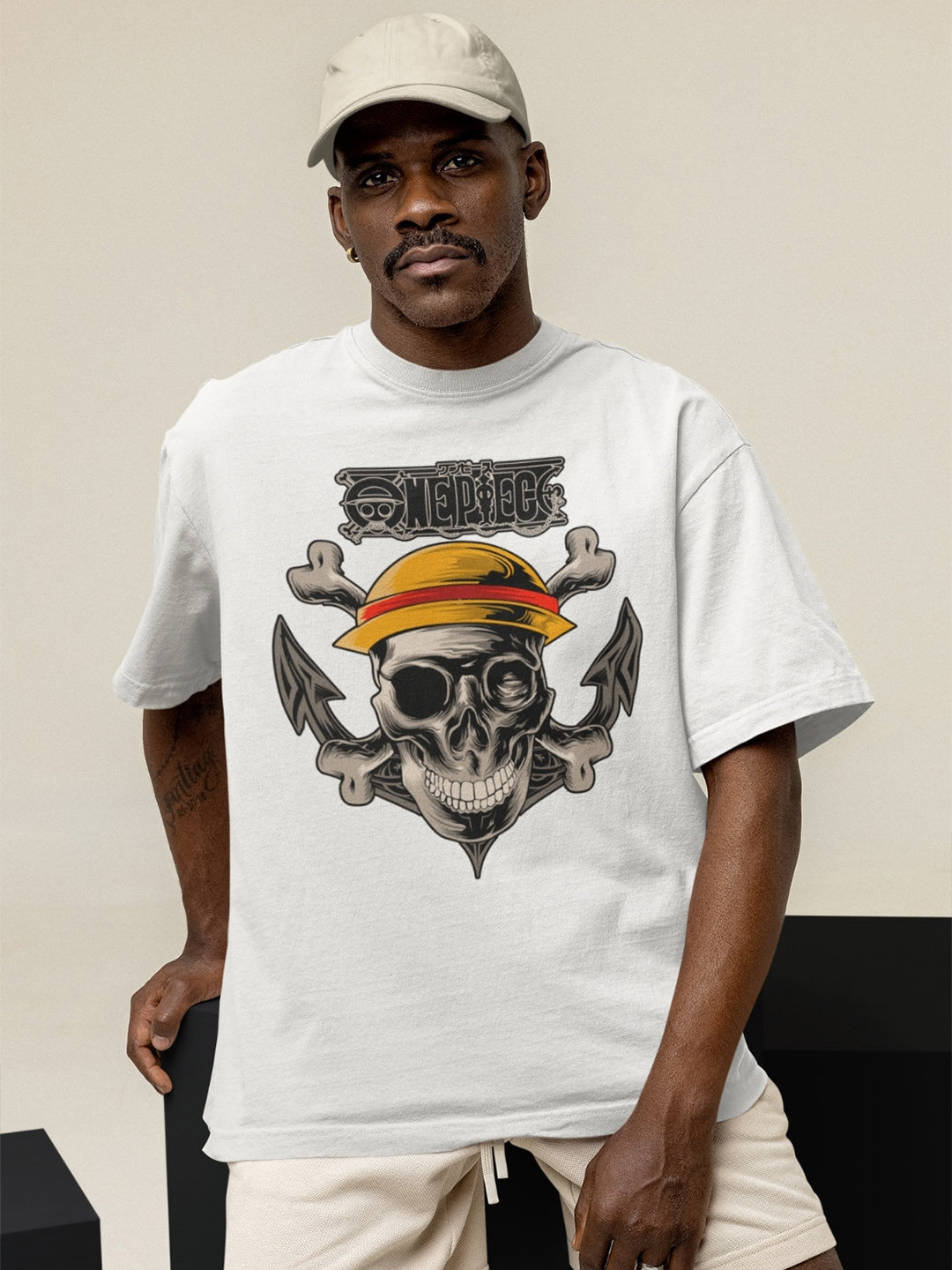 CAPTCHA One Piece Luffy Pirate Skull Printed Drop-shoulder Pure Cotton Oversized Tshirt