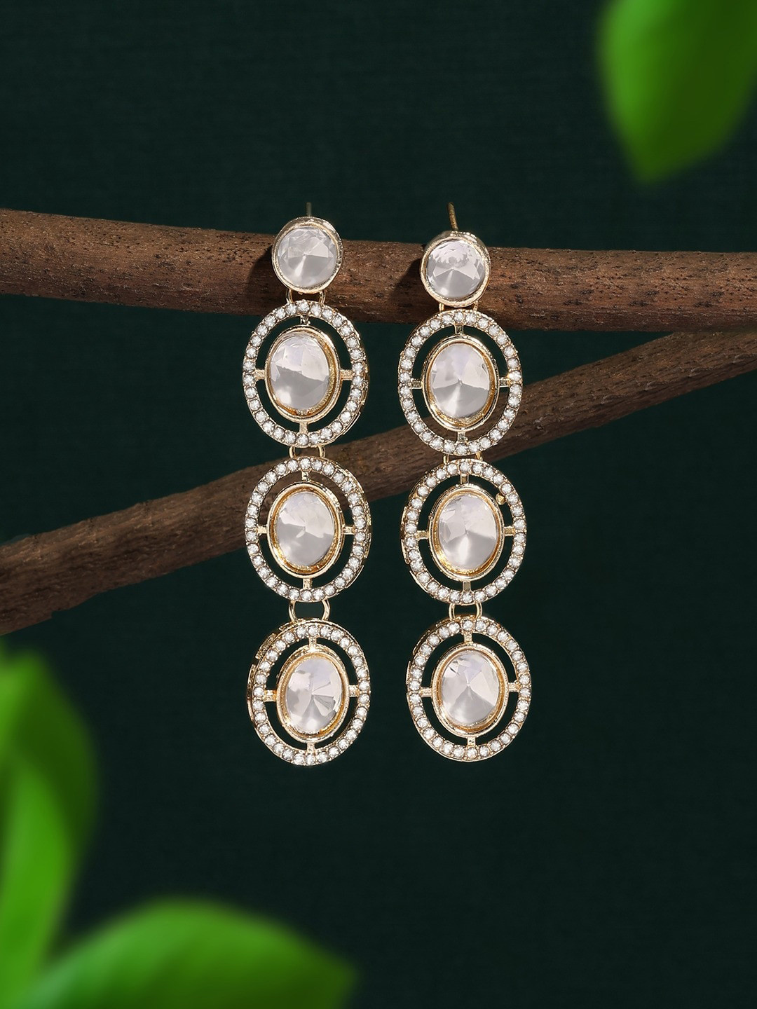 AMI Gold-Plated Austrian Diamonds Studded Drop Earrings