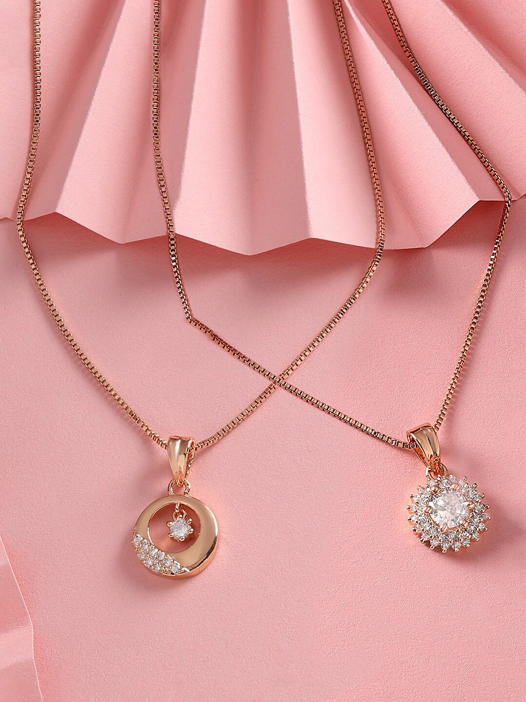 AMI Set Of 2 Rose Gold-Plated Cubic Zirconia Studded Pendant With Chain