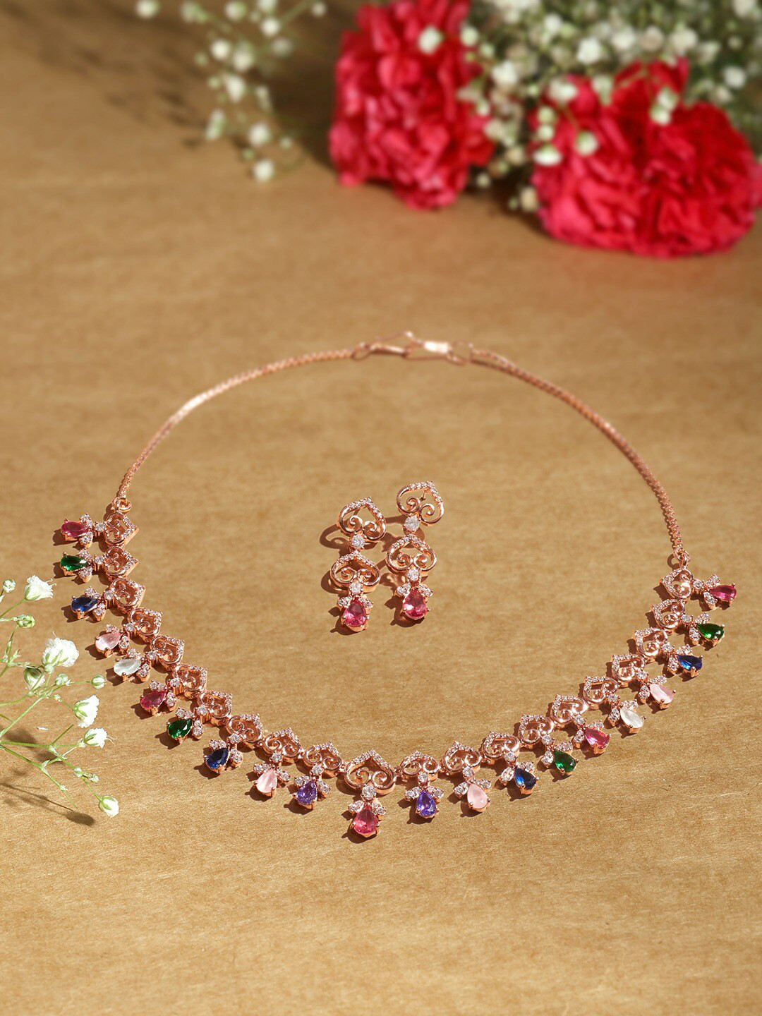 AMI Rose Gold-Plated Cubic Zirconia Studded Jewellery Set