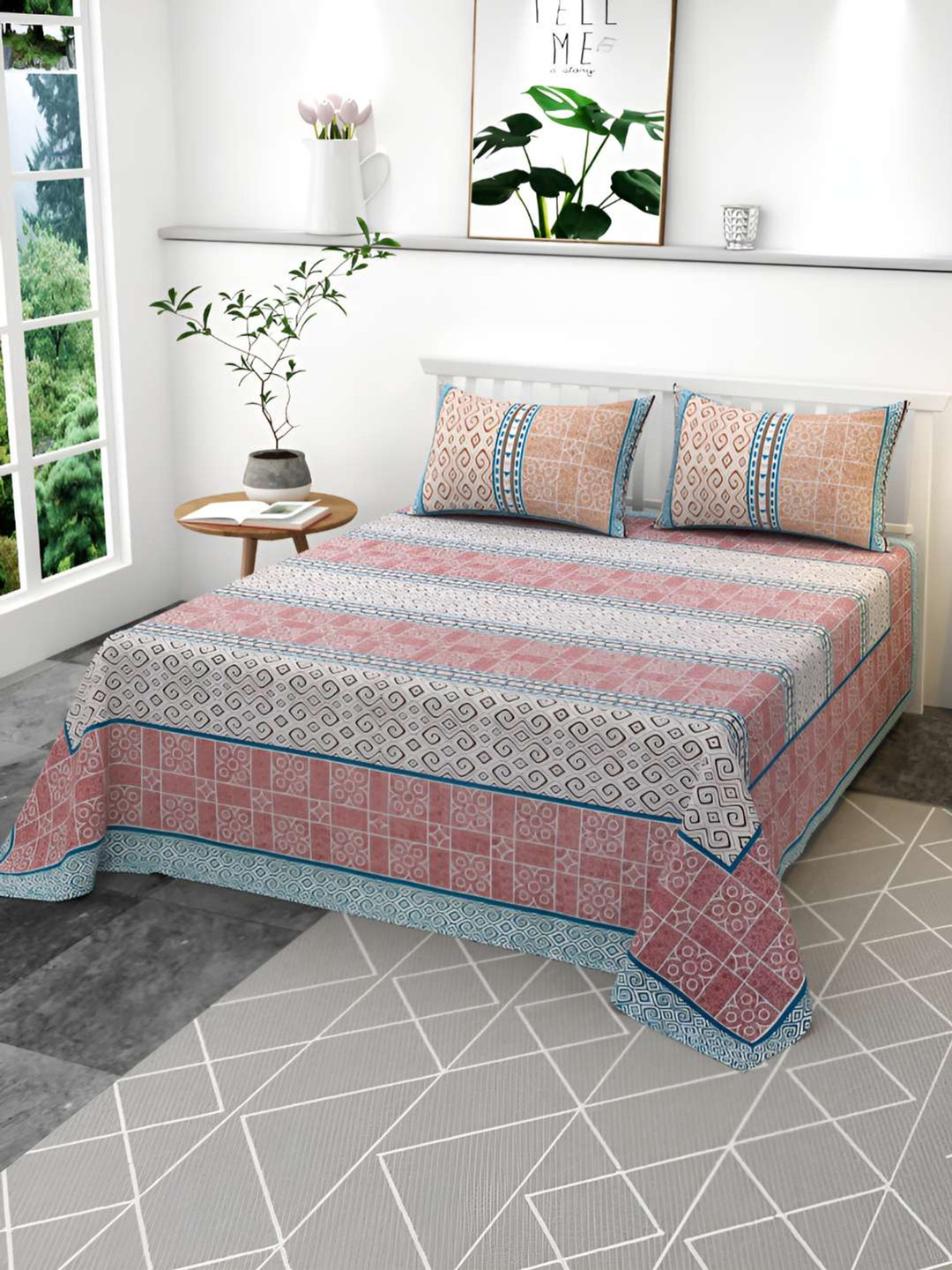 CLIO'S HERITAGE STORE White Geometric Cotton 210 TC King Fine Bedsheet with 2 Pillow Covers-254 x 274 cm