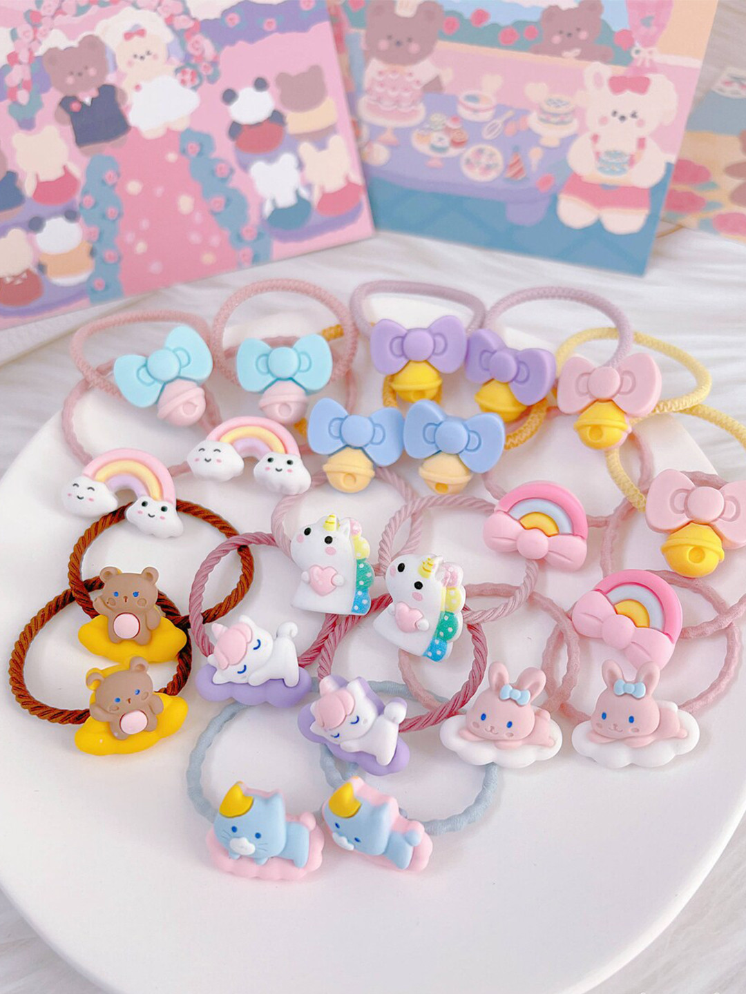 LYTIX Girls Set of 10 Assorted Cartoon & Flower Embellished Ponytail Bands