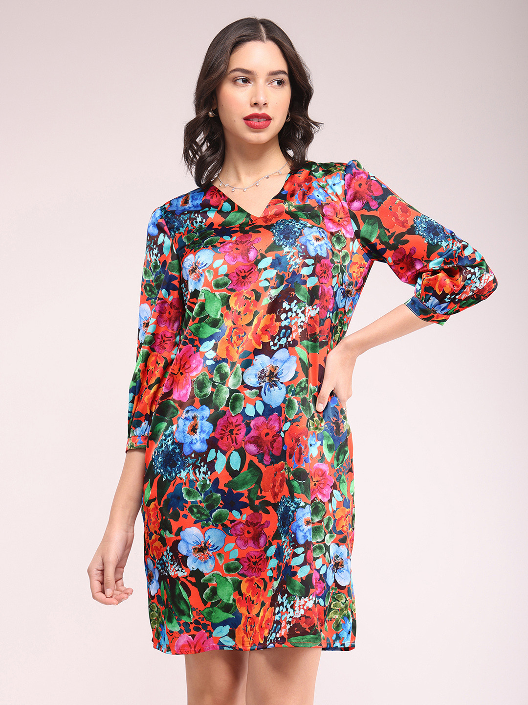 FableStreet Floral Printed Satin Sheath Women Dress