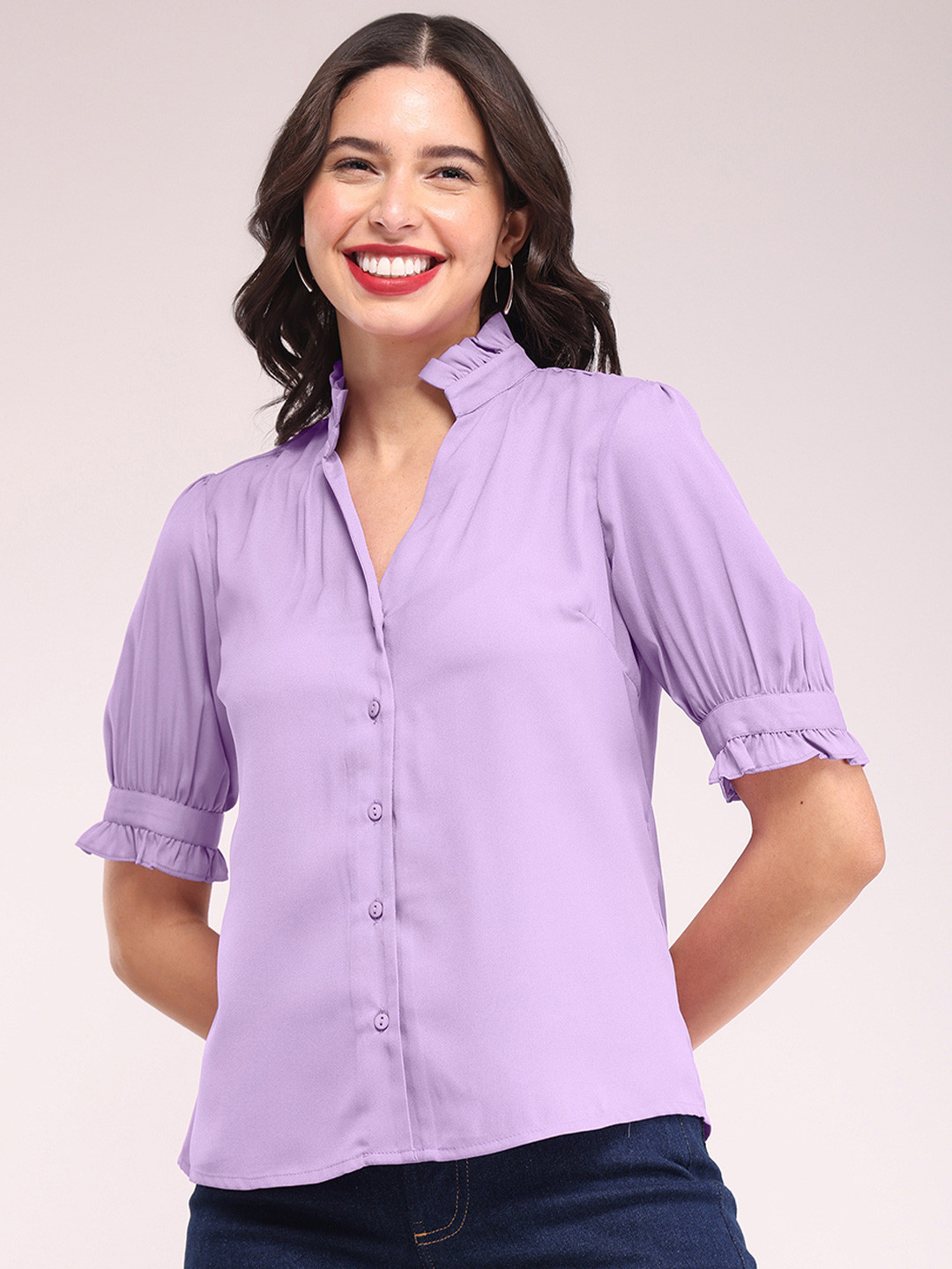 FableStreet Mandarin Collar Short Sleeves Puff Sleeve Shirt Style Top