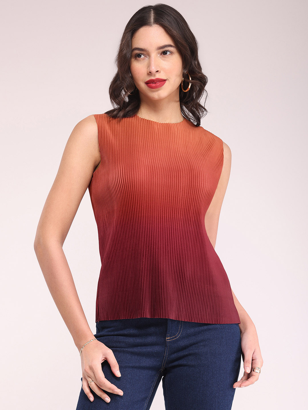 FableStreet Striped Pleated Sleeveless Brown Top