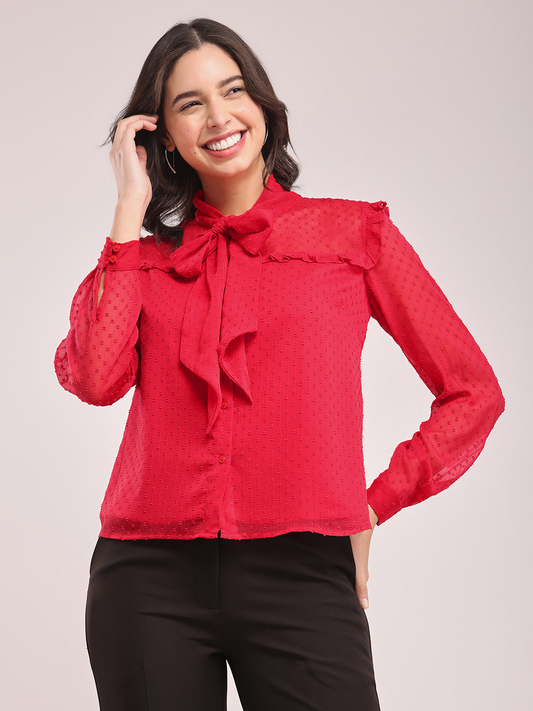 FableStreet Polka Dot Printed Tie-Up Neck Chiffon Shirt Style Red Top