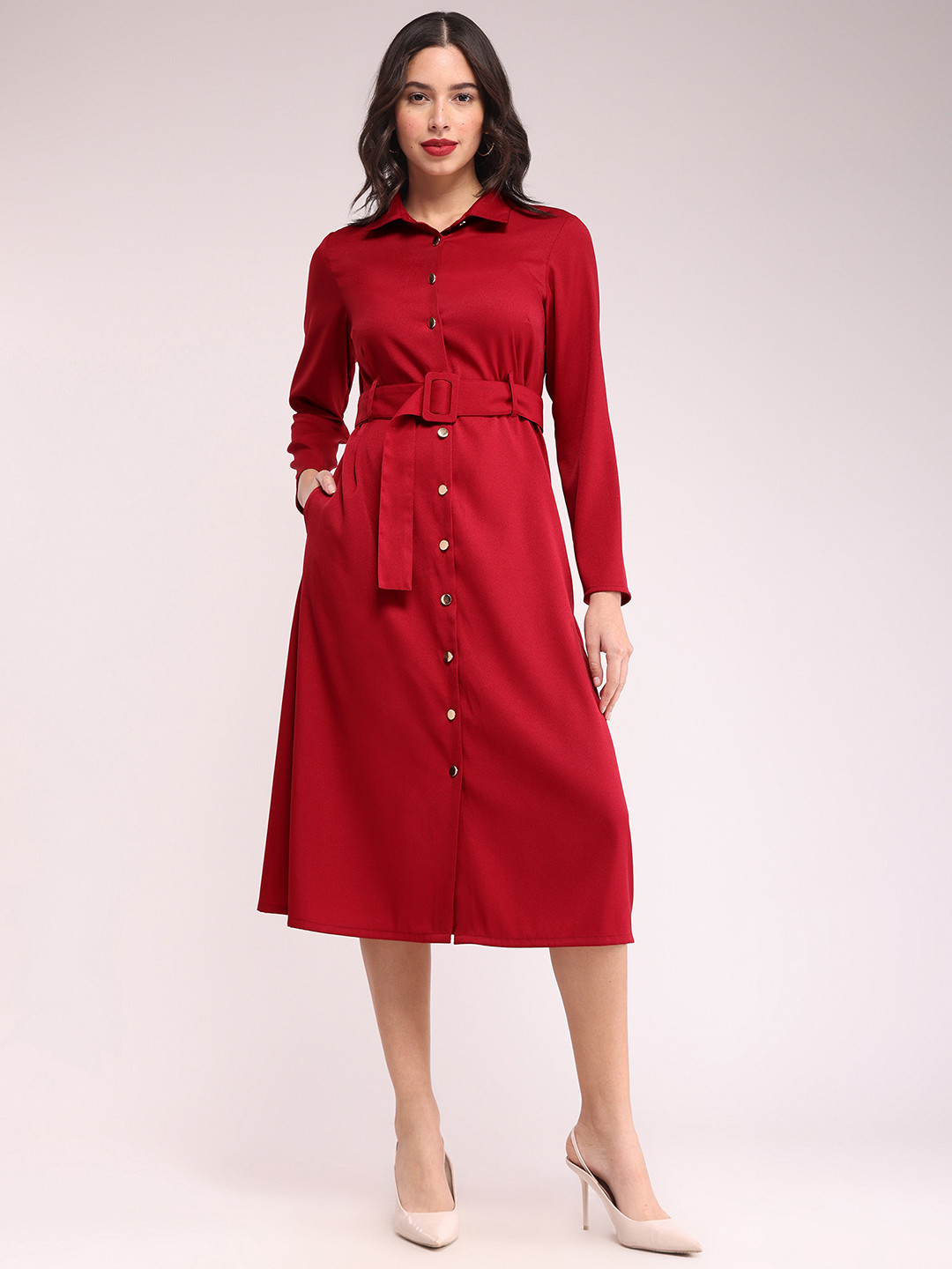 FableStreet Long Sleeves Shirt Midi Women Dress Comes with a belt