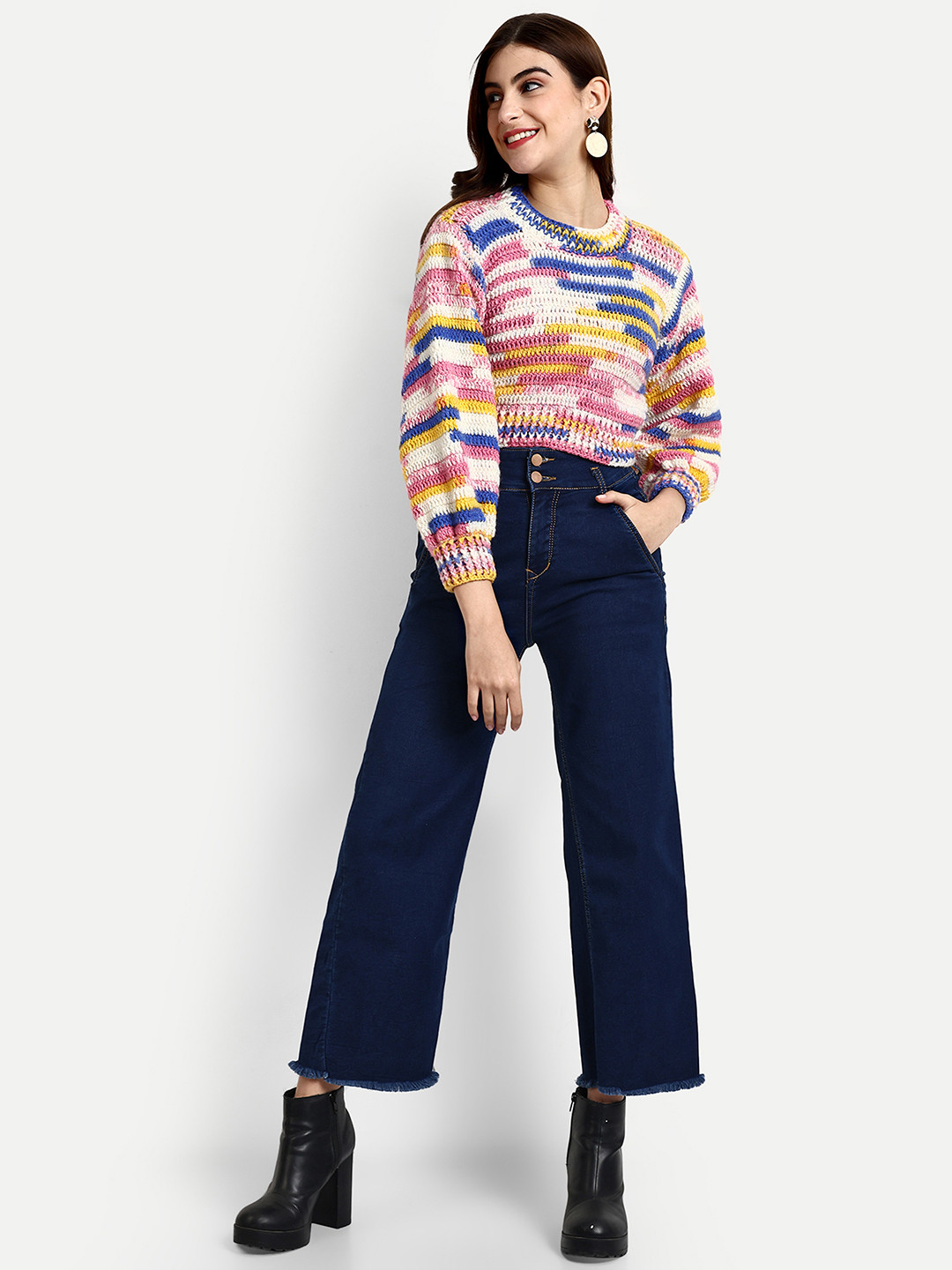 WINDROP SOLUTIONS Self Design Cable Knit Crop Acrylic Pullover Sweater