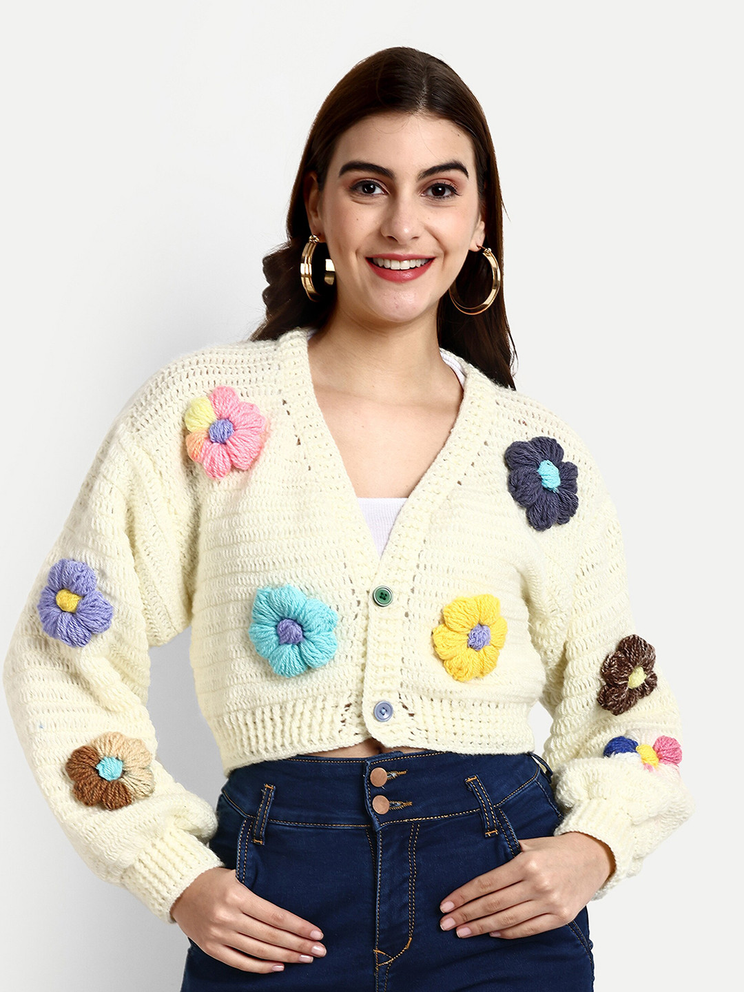 WINDROP SOLUTIONS Open Knit Self Design V-Neck Ribbed Acrylic Crop Cardigan