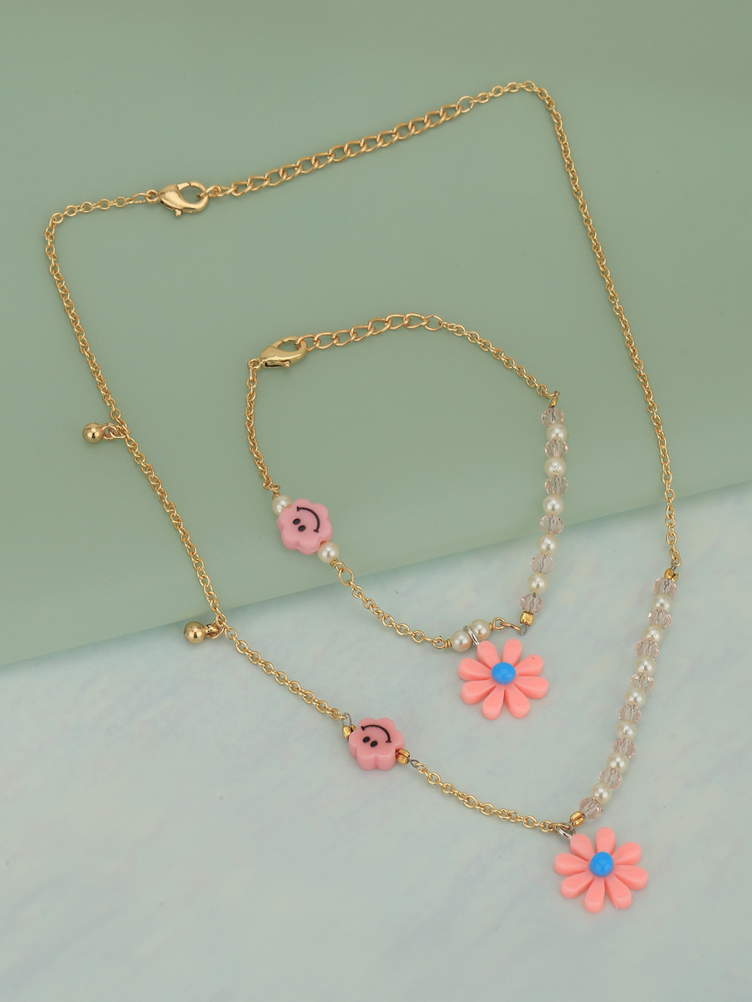 Carlton London Girls Gold-Plated with Floral & Smiley Beaded Jewellery Set