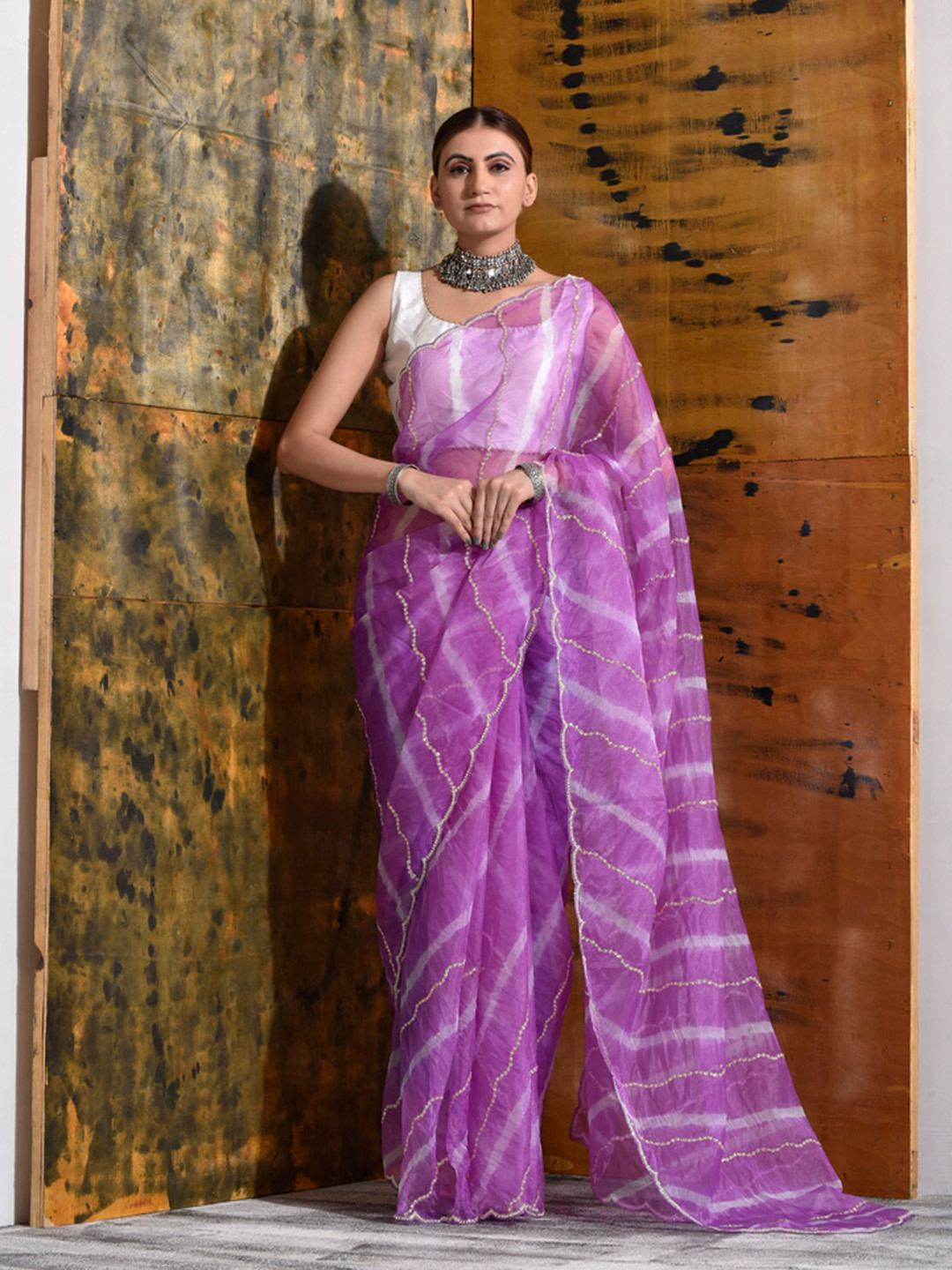 sutra attire Leheriya Embroidered Tissue Designer Leheriya Saree