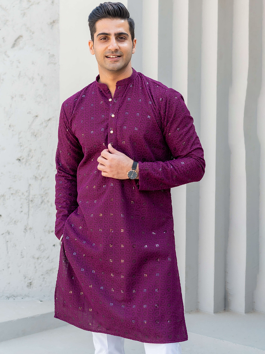 Shasak Mandarin Collar Long Sleeve Sequined Cotton Straight Kurta