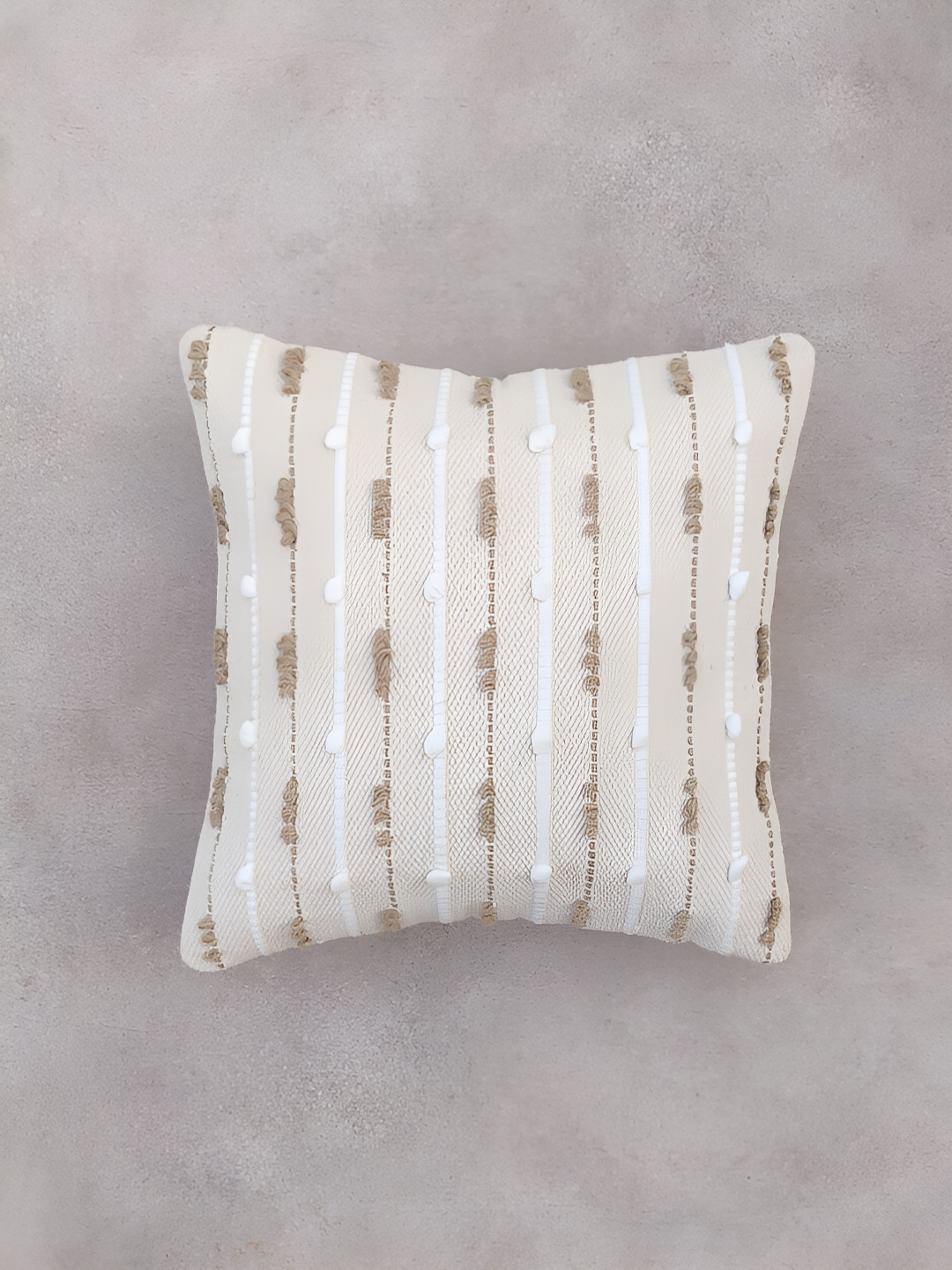 ALTROVE Beige Striped Polyester Silk Lightweight Embellished Square Cushion Cover -20x20In