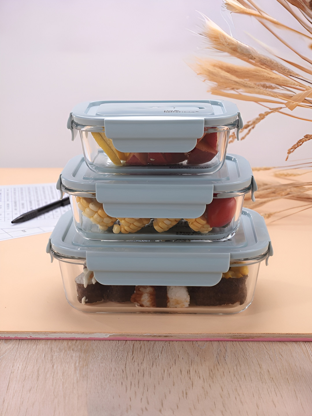 The Better Home Airtight Leak Proof Blue Solid Glass 3PCs Lunch Box With Spoon and Fork