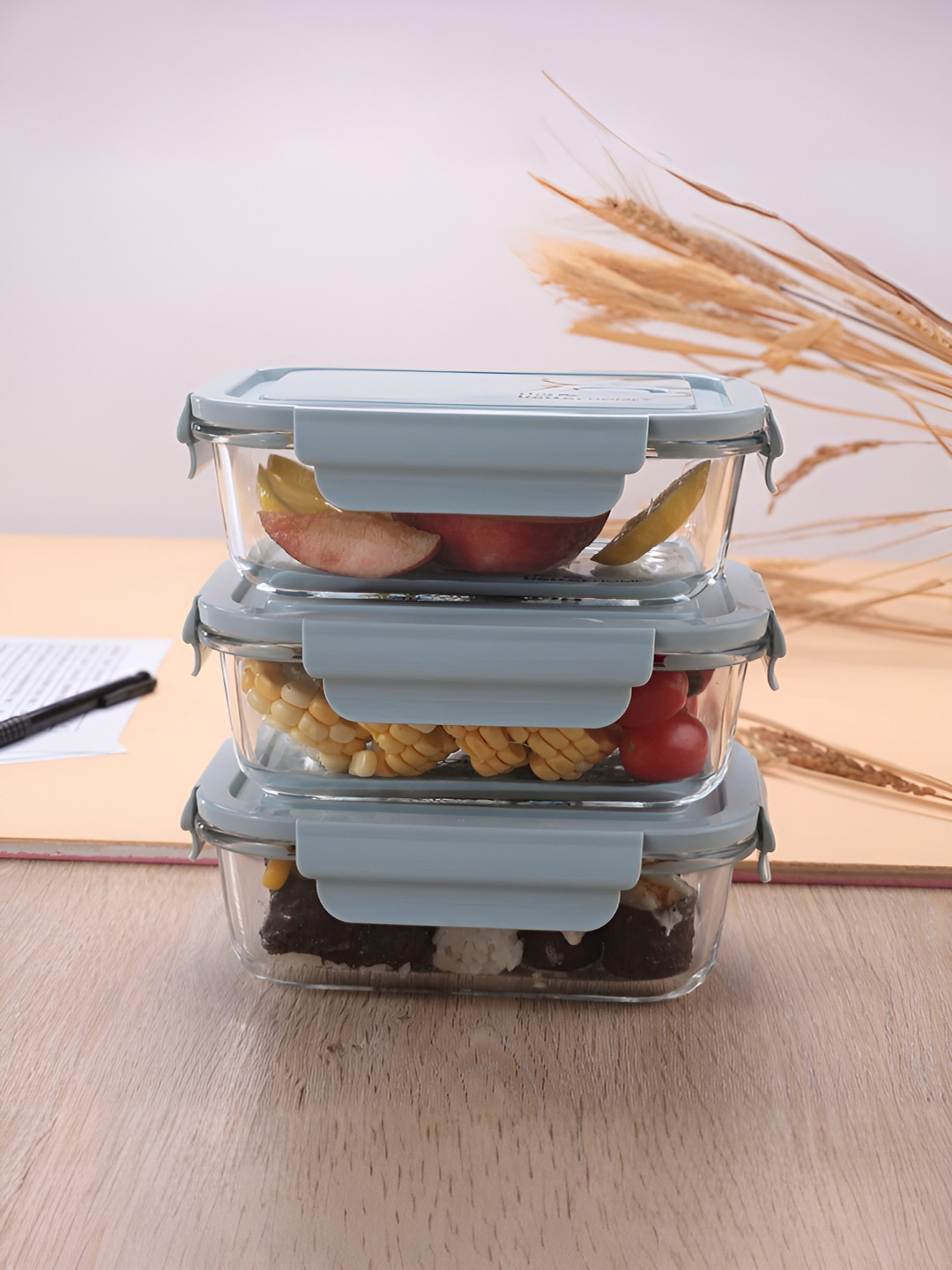 The Better Home Airtight Leak Proof Blue Solid Glass 3PCs Lunch Box With Spoon and Fork
