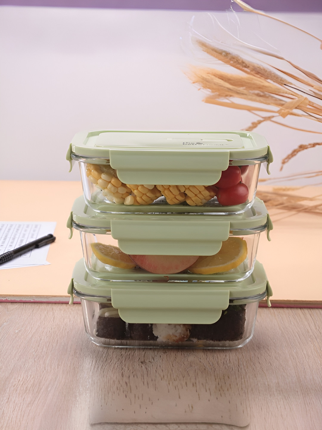 The Better Home Airtight Leak Proof Green Solid Glass 3PCs Lunch Box With Spoon and Fork