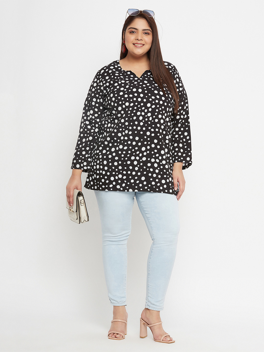 VINAAN Geometric Notch Neck Long Sleeves Print Top