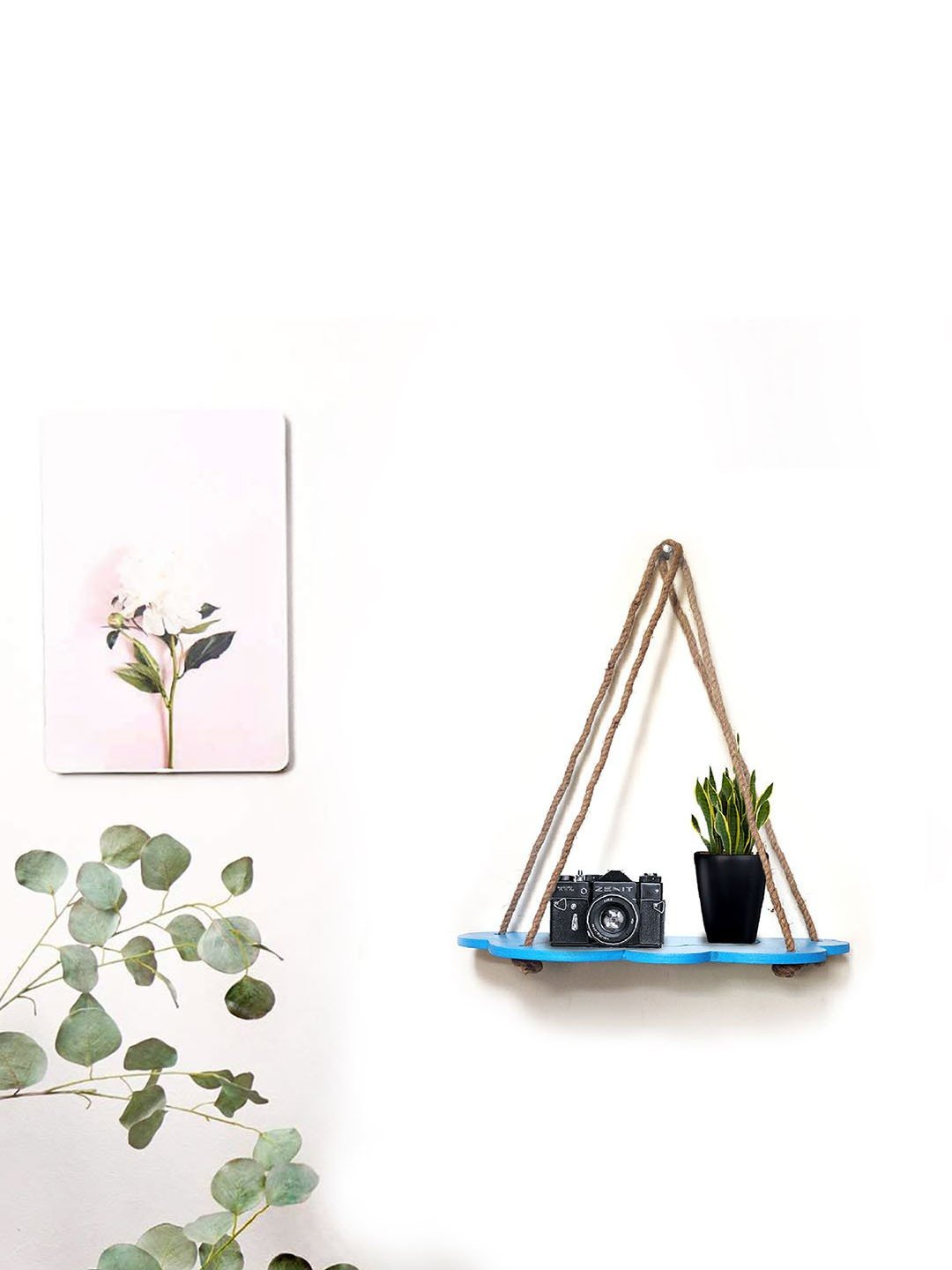 VAH Kya Bat Hai !! Blue & Brown Wooden Wall Hanging Shelf With Jute Rope