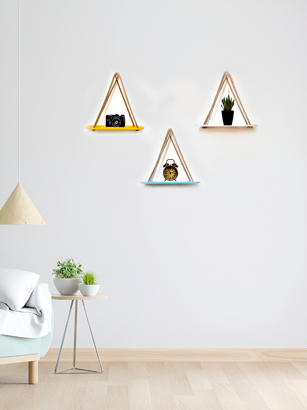 VAH Kya Bat Hai !! Yellow & Red 3 Pieces Wooden Wall Hanging Shelves With Jute Rope