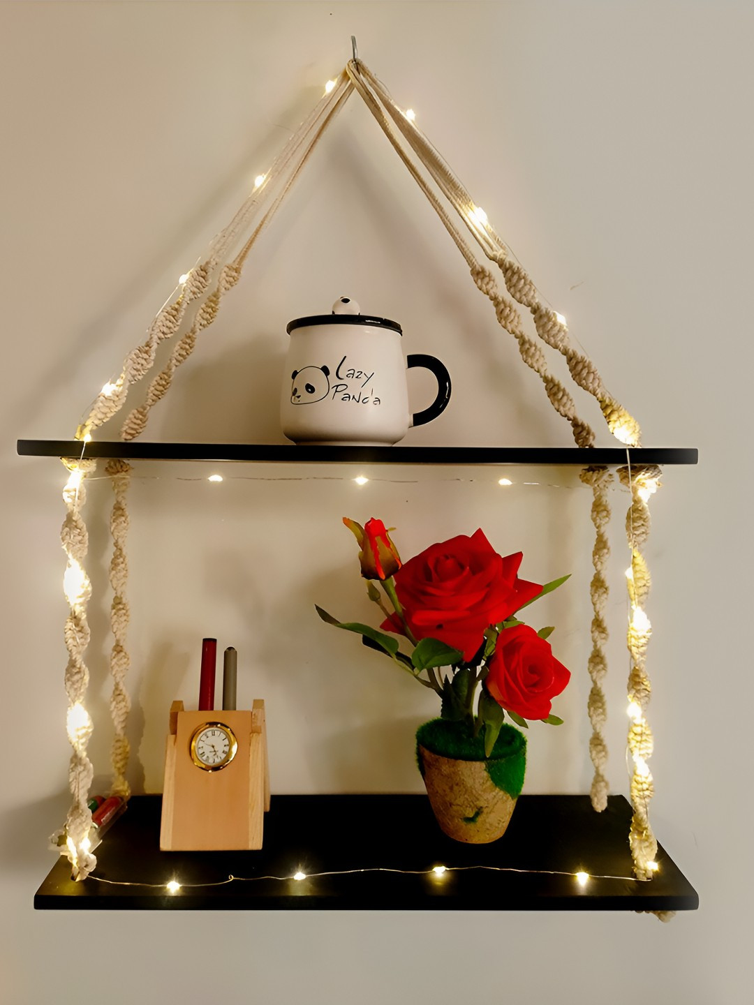 VAH Kya Bat Hai !! Black & Beige Macrema Knotting 2 Tier Hanging Wall Shelf With LED light