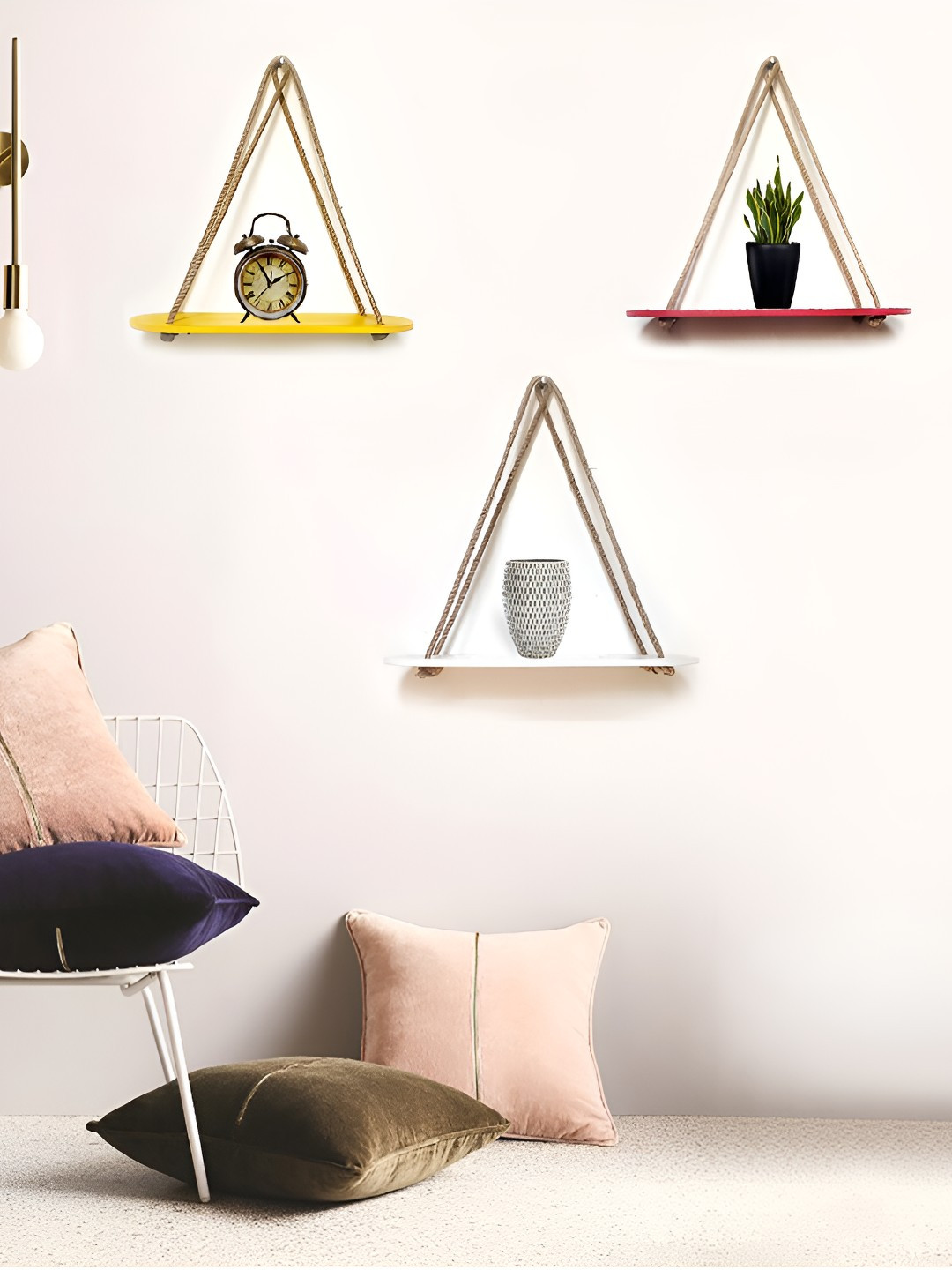 VAH Kya Bat Hai !! Yellow & Red 3 Pieces Wooded Floating Wall Shelves With Rope